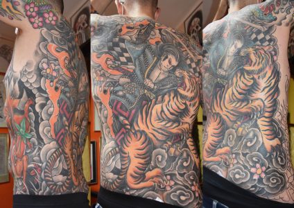 16.Japanese Warrior And Tiger Backpiece Tattoo